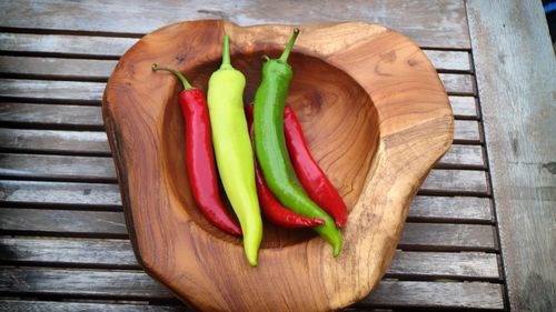 High angle view of vegetables on wood