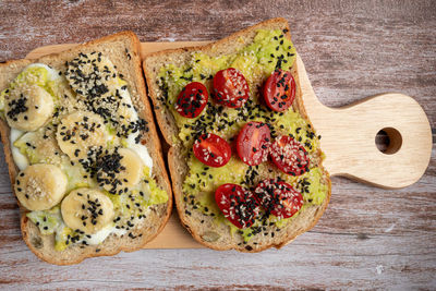 Healthy breakfast toasts with avocado toast, tomato, banana, yoghurt with whole grain sandwich