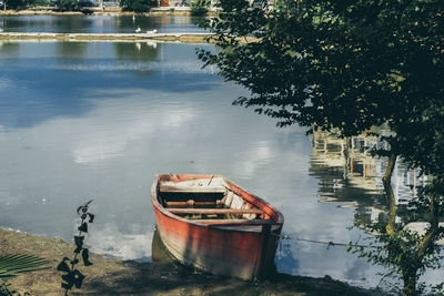 High angle view of boat moored in lake