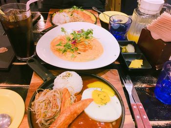 High angle view of food served on table