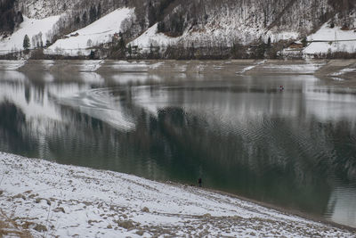 Scenic view of lake by snowcapped mountains during winter