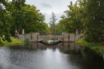 Arch bridge over river against sky