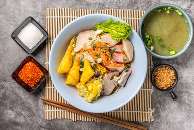 High angle view of food in plate on table