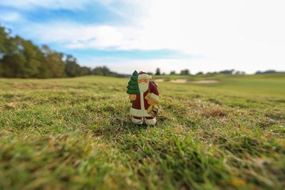 Close-up of santa claus figurine on grassy field