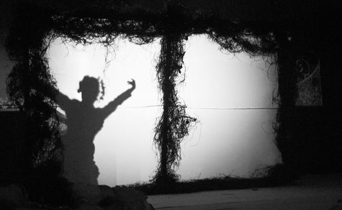 Shadow of woman dancing on wall at night