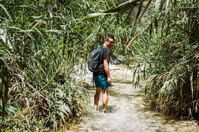 Young man walking up river surrounded by plants
