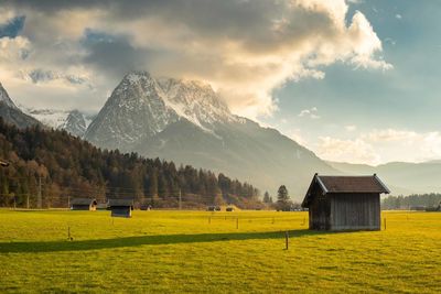 Green field in the bavarian alps, with small wooden huts at sunset. snowy mountain as background.
