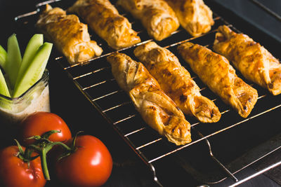 High angle view of vegetables on barbecue grill