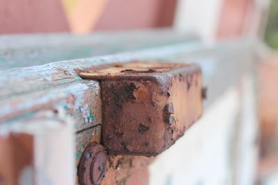 Close-up of rusty metal on wood