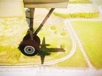 High angle view of motorcycle on field