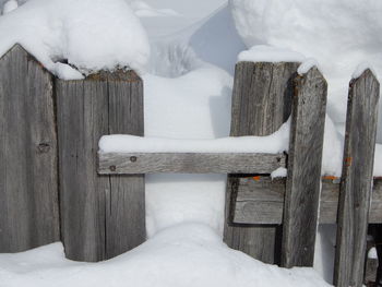 Close-up of wooden post on snow covered fence during winter