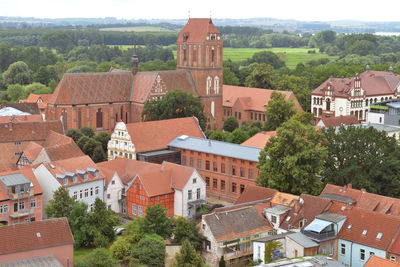 High angle view of residential buildings in city