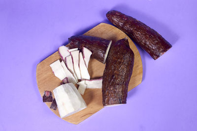 High angle view of food on blue background