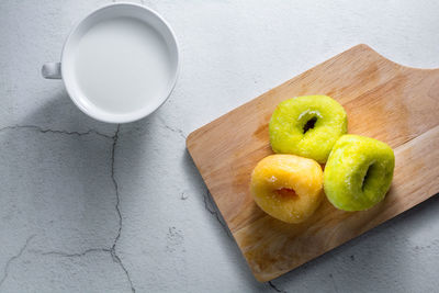 High angle view of fresh fruits in plate on table