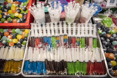 High angle view of multi colored candies for sale