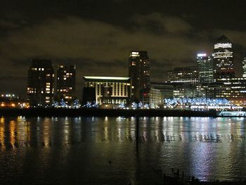 View of city lit up at night