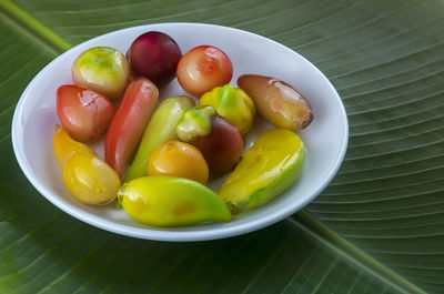 High angle view of fruits in bowl on table