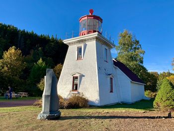 Lighthouse amidst trees and buildings against clear blue sky