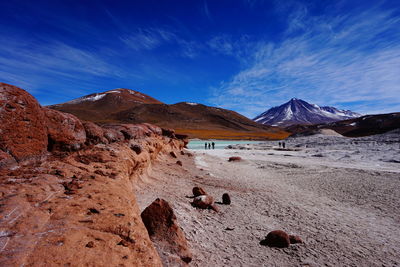 Scenic view of snowcapped mountains against blue sky