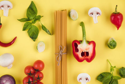 Directly above shot of fruits and vegetables on table