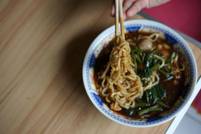 High angle view of noodles in bowl on table