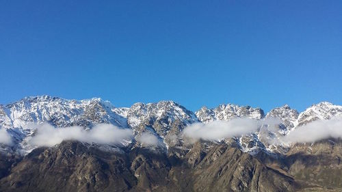 Scenic view of snow covered mountains against clear sky