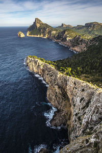 Rock formations by sea against sky