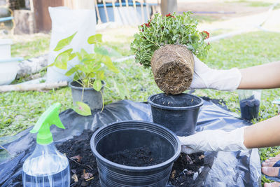 Midsection of man gardening in yard