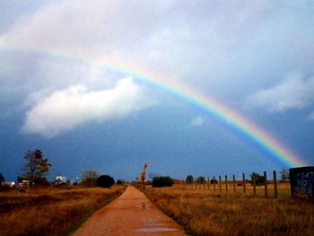 Scenic view of rainbow over field against sky