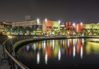 Reflection of illuminated buildings in water