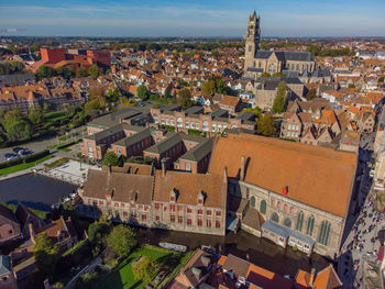 High angle view of townscape against sky in city