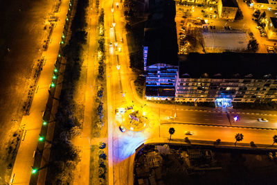 High angle view of city street at night