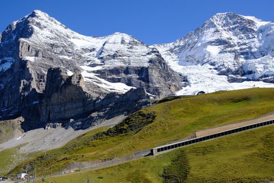 Scenic view of snowcapped mountains against clear sky