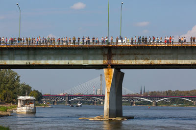 Bridge over river with city in background