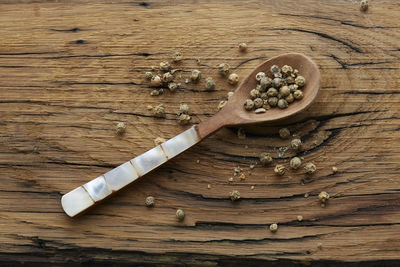 High angle view of bread on wooden table