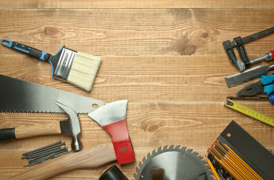 High angle view of work tools on table