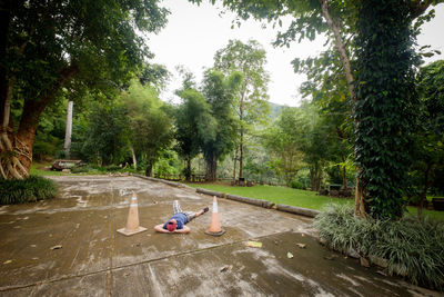 Man sitting on dirt road in forest