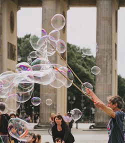 High angle view of people in bubbles