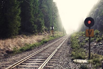 Railroad track amidst trees against clear sky