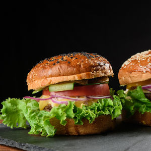 Close-up of burger on cutting board