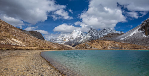 Panoramic view of lake and mountains against sky