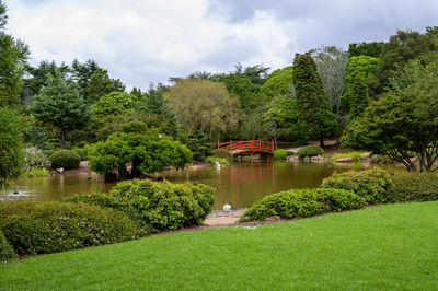 Scenic view of lake by trees against sky