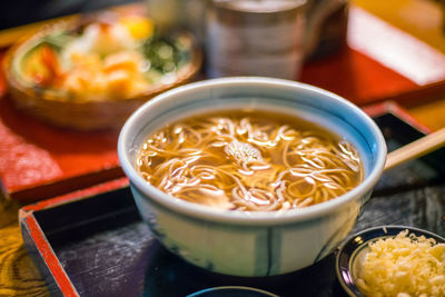 Close-up of soup in bowl on table