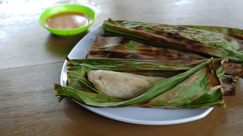 Close-up of food in plate on table