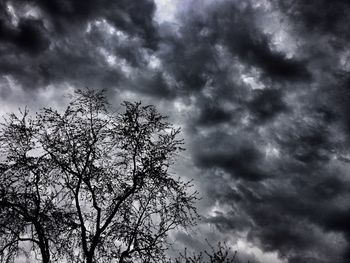 Low angle view of bare trees against cloudy sky