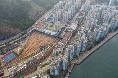 High angle view of highway by city