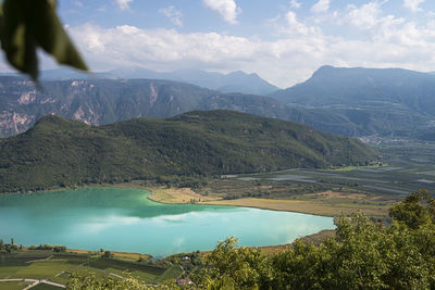 Scenic view of lake and mountains against sky