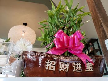 Close-up of various flowers in box on table
