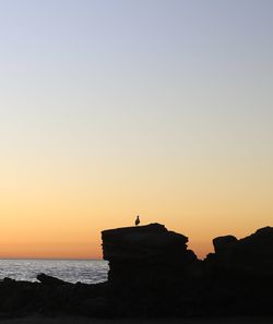 Silhouette people on rock by sea against sky during sunset