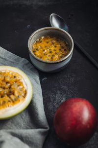 High angle view of fruits in bowl on table